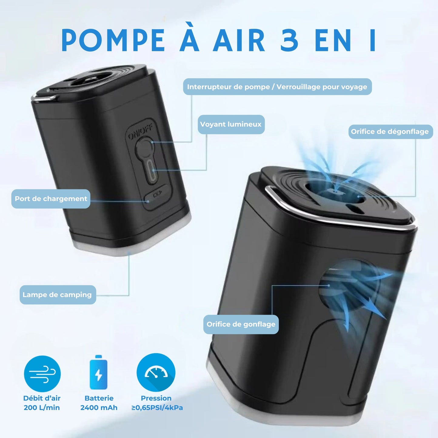 AirPump 3-en-1  L’Essentiel du Voyage Compact et Puissant